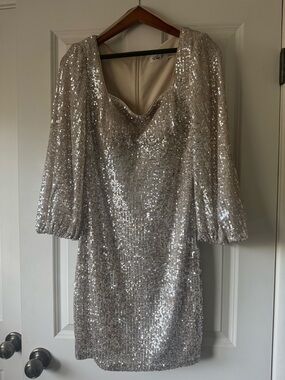 Eliza J Silver Sequin Puff-Sleeve Mini Dress